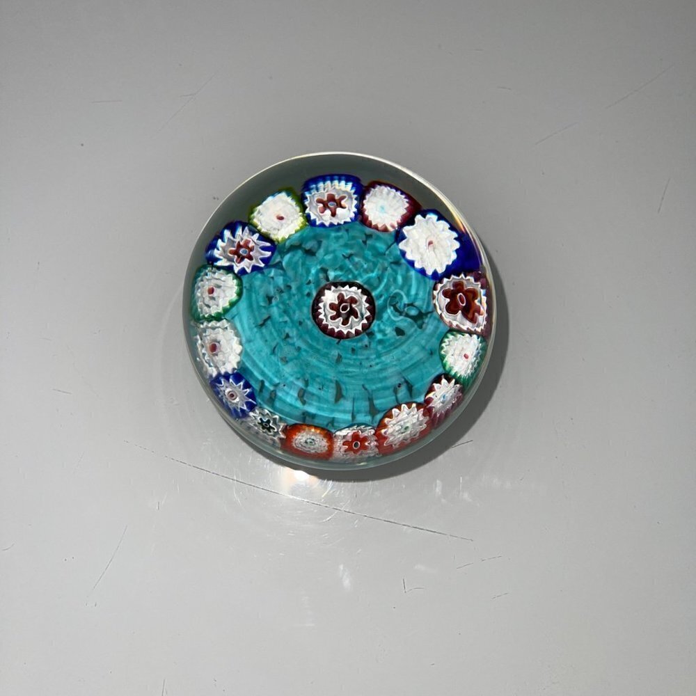 Vintage Millefiori Art Glass Turquoise Multicolor Paperweight Collectible - Picture 11 of 15